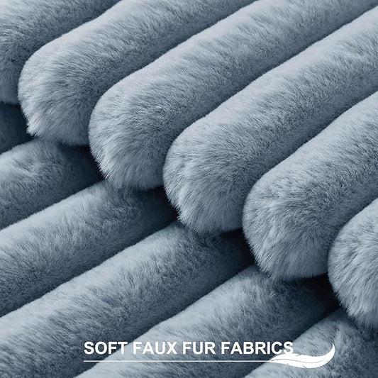 Pallene Faux Fur Plush Throw Pillow Covers 20x20 Set of 2, Luxury Soft Fluffy Striped Decorative Pillow Covers for Sofa, Couch, Living Room, Blue Grey