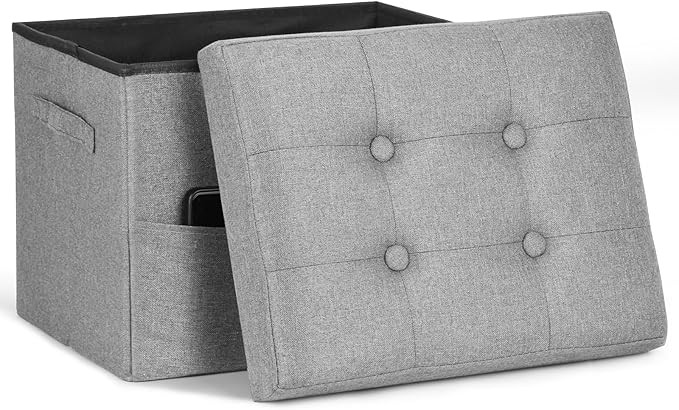 Folding Storage Ottoman, Linen Footstool Bench with Thicker Foam Padded Seat. Ottoman Foot Rest for Living Room, Bedroom, Home Office, Coffee Table. 350lbs Load Capacity, 17x13x13in, Light Gray
