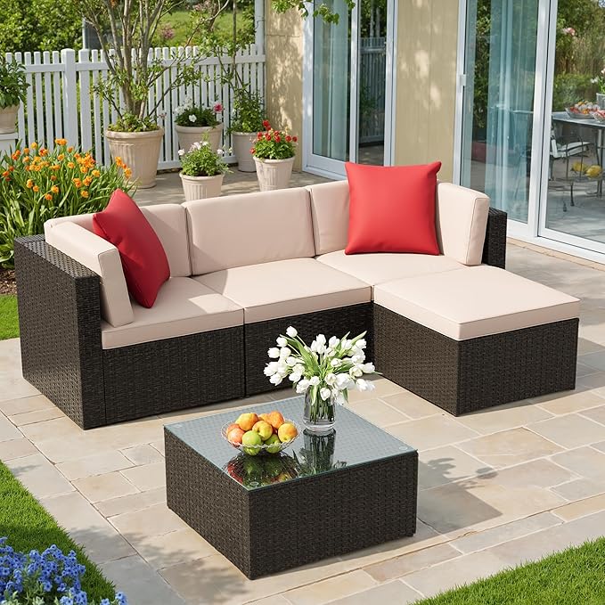 JUMMICO 5 Pieces Patio Furniture Set, Outdoor Sectional Sofa Conversation Sets, Couch Rattan Chair Wicker with Ottoman Cushion, Glass Tea Table and Pillows for Backyard Porch Garden Pool Balcony,Beige