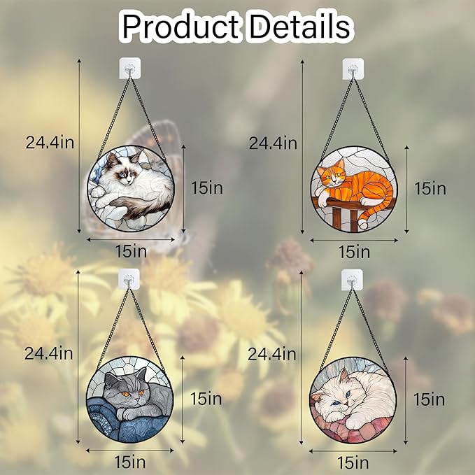 Stained Glass Window Hanging 4 Pcs Set Cute Cat Large 15" - Suncatcher Door Garden Sun Catcher Decor Birthday Mother's Day Christmas Comfort Gifts for Lost Pet Woman Nana Mom Men Friend