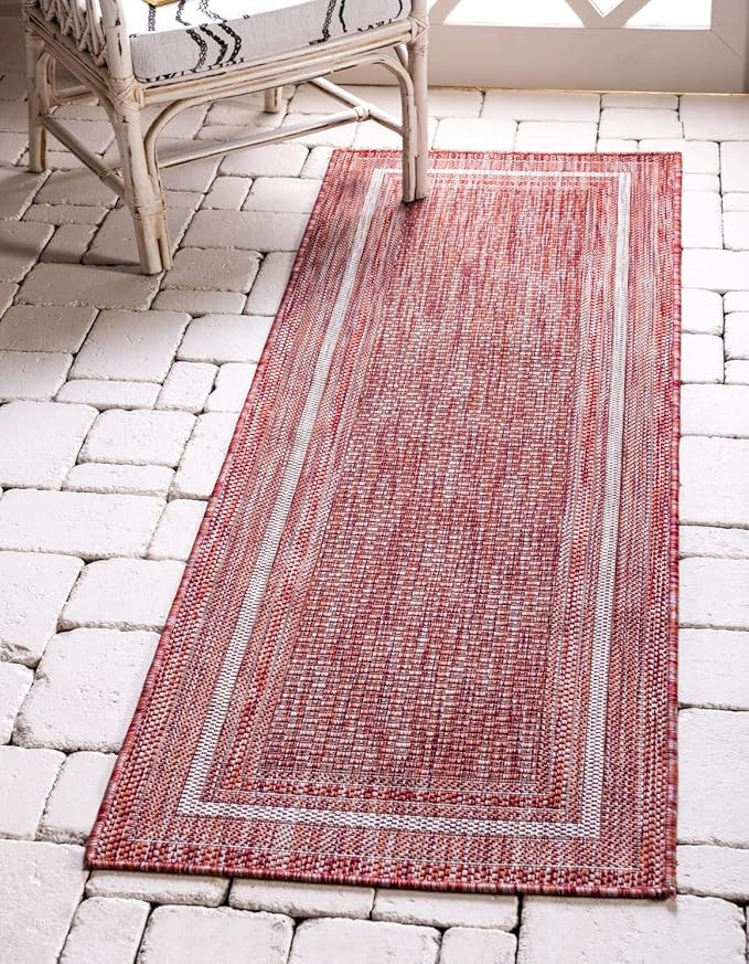 Unique Loom Outdoor Border Collection Area Rug - Soft Border (2' x 6' 1" Runner, Rust Red/ Ivory)