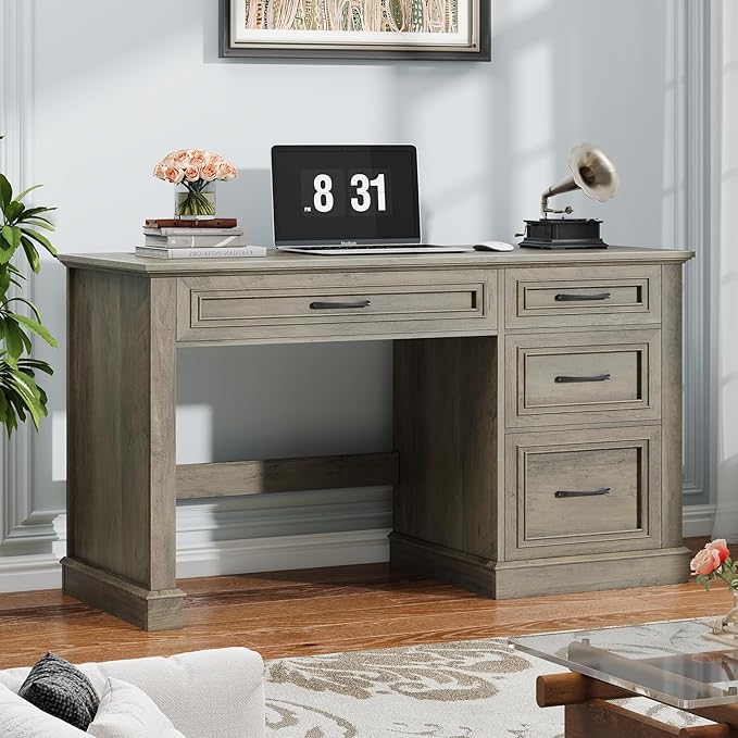 Vabches Farmhouse 47" Executive Desk, Computer Desk with Drawers and File Drawer, Workstation Computer Desk with Charging Station for Home Office,Study,(Dark Grey