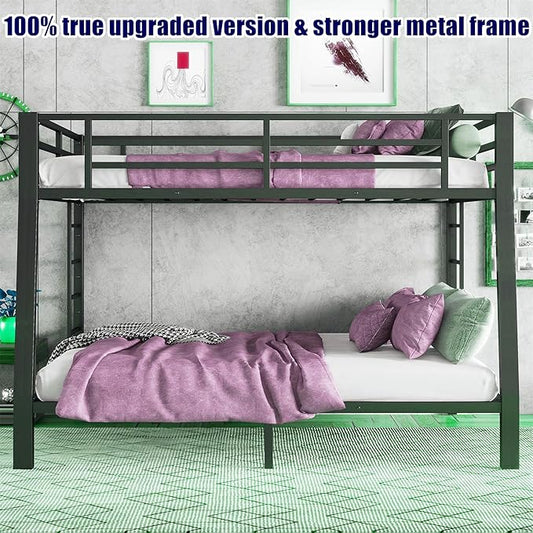 Higher Quality & Stronger Heavy Duty Steel Black Bunk Bed Full XL Over Queen Size Bunkbed, Thickened More Stable Safer Metal Bunk Queen Bed (Easier to Assemble) (Full XL Over Queen)