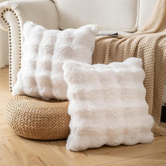 Pack of 2 Thick Plush Throw Pillow Covers Fluffy Wave Faux Fur Decorative Cushion Covers Soft Wool Pillowcase for Sofa Couch Livingroom 20x20 Inch White