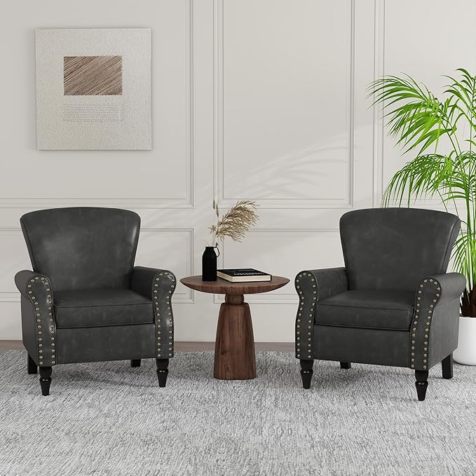 Accent Chair, Mid Century Modern Faux Leather Arm Chair with Wood Leg for Living Room, Bedroom, Comfy PU Leather Club Reading Chairs with Wingback & Nailhead Trim (Leather Black Grey, Set of 1)