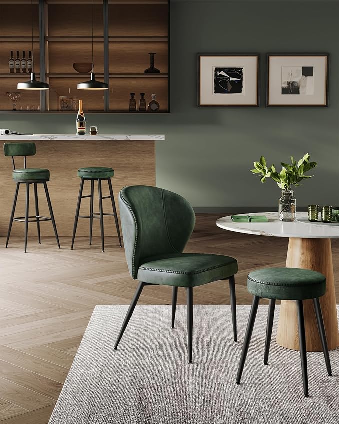 VASAGLE EKHO Collection - Bar Stools Set of 2, Swivel Bar Height Bar Stools with Back, Synthetic Leather with Stitching, Mid-Century Modern, 30-Inch Tall Barstools for Kitchen Home Bar, Forest Green