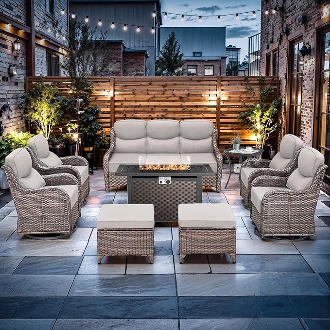 Luxury High Back Outdoor Furniture with 6-inch Extra Thick Cushions, Patio Furniture Set with Fire Pit Table & Swivel Chairs, 9 PCS Wicker Conversation Set for Yard, Deck, Poolside, Brown/Beige