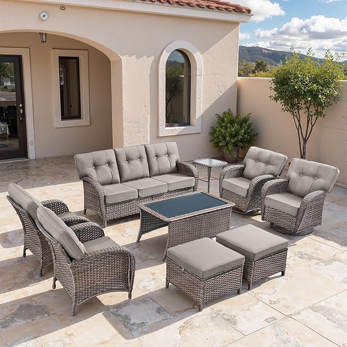 9-Piece Rotating Balcony Chair Set with 31-inch T-Shaped Wide backrest - Rattan Outdoor Rotating Balcony Chairs, Wide backrest Comfortable Outdoor Sliding Chair - Brown | Grey