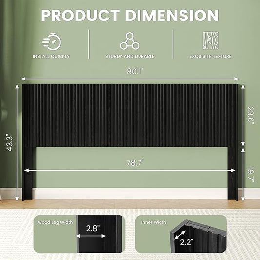 COCO DESIGN King Size Headboard Only, 80" Wide Wooden Headboard, Mid Century Modern Farmhouse Boho HeadBoard, Wall Mount, Fluted Panel, Wingback Design, Black