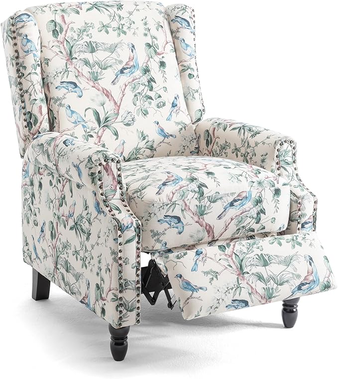 UIXE Pushback Floral Recliner Chair, Fabric Upholstered Armchair Push Back Accent Chair for Living Room, Rivet Trim Club Chair Home Theater Single Sofa Bedroom Reading Seat - Bird