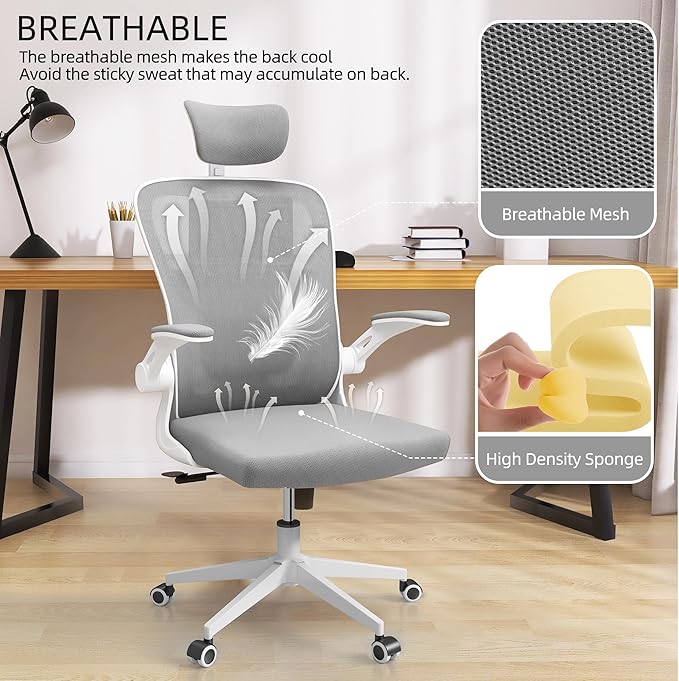 Office Chair Ergonomic Desk Chair, 350 LBS Mesh Office Chair with Lumbar Support, Comfy Desk Chair with Wheels, Big and Tall Chair for Study Work Gaming (03Grey)