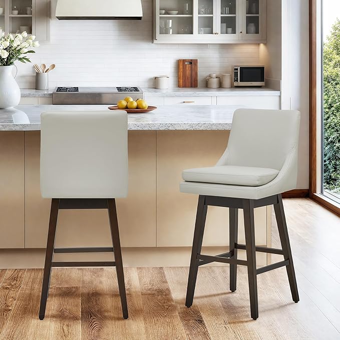 CHITA Bar Height Swivel Barstool with Back Set of 2, FSC Certified Upholstered Bar Stool, 30.7" H Seat Height, PU Leather in Creamy Gray