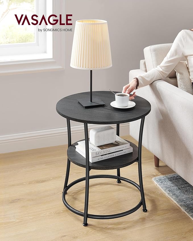 VASAGLE Side Table, 2-Tier Round End Table, Nightstand with Steel Frame for Small Spaces, Living Room, Bedroom, Charcoal Gray and Ink Black