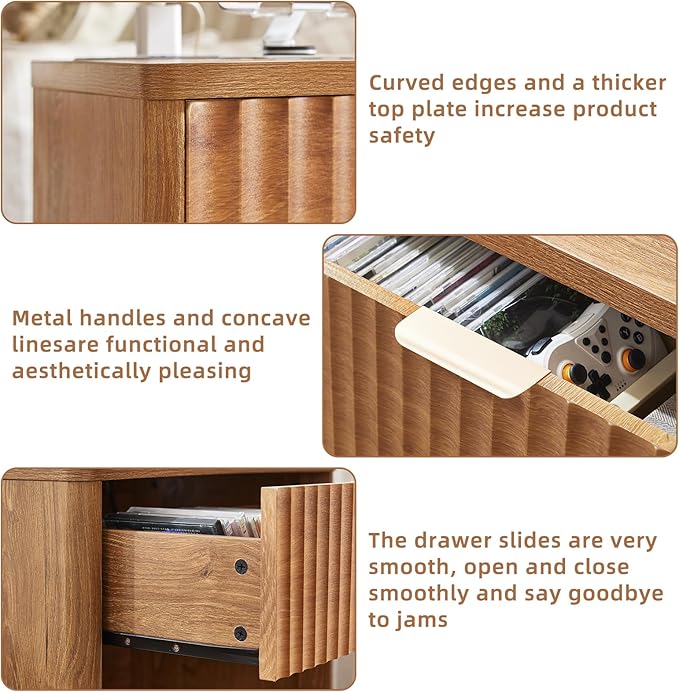 LEYAOYAO Fluted Farmhouse Nightstand Set of 2 with Charging Station, 23" Wide 1 Drawers End Table,Brown Dresser for Bedroom,Bed Side Table Chest of Drawers Cabinet,Wood Night Stand for Living Room