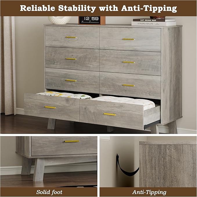 Dresser for Bedroom with 8-Drawer, 37" Tall Modern Chest of Drawers with Metal Handles, X-Shape Base & Adjustable Center Leg, Anti-Tip Closet Organizers and Storage