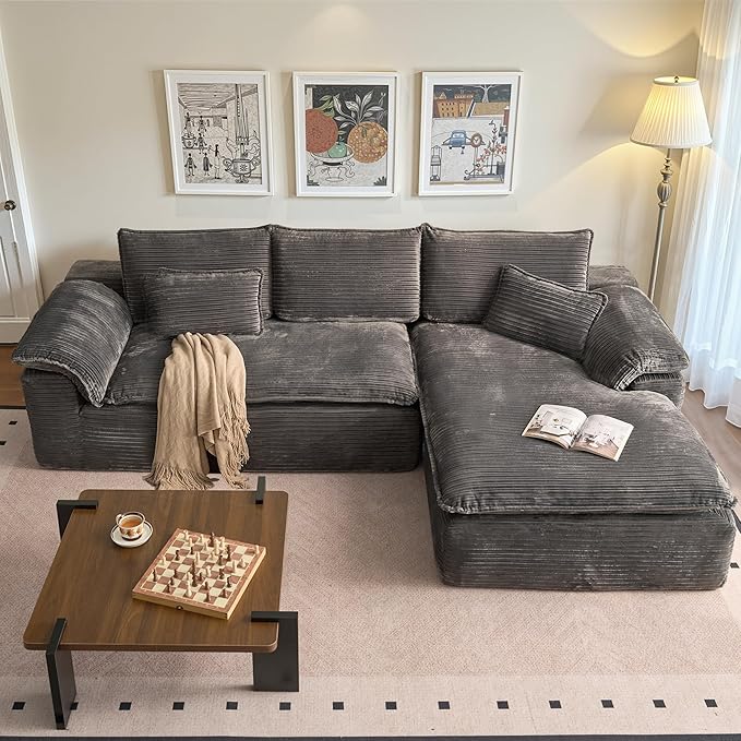 113 in Oversized Cloud Sofa with L Shape Chaise, Sectional Couches for Living Room, Assembly Free Modular Comfy Corduroy Sofa with Right Facing Chaise Longue for Home Apartment (Right Chaise, Gray)
