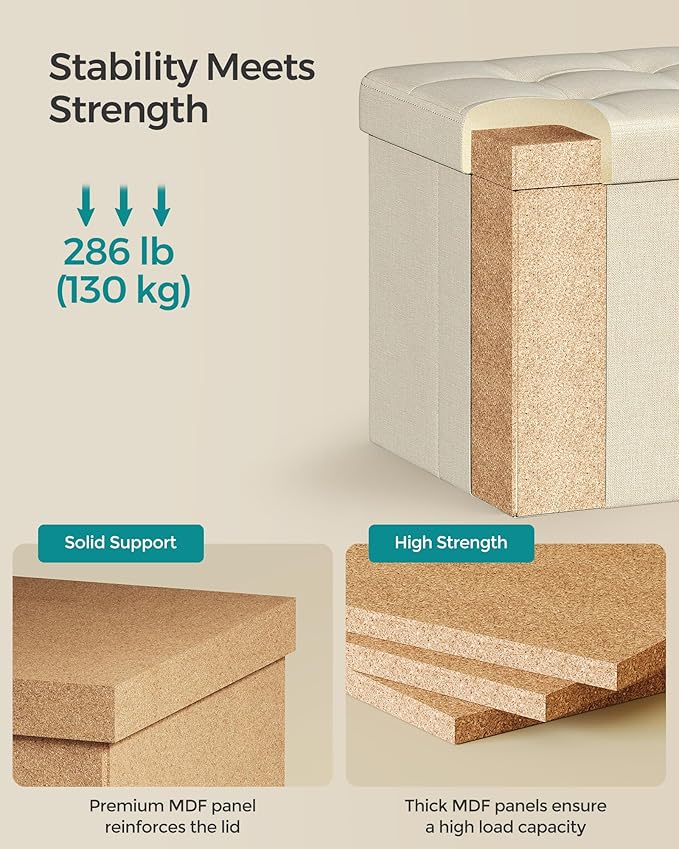 SONGMICS Storage Ottoman, Foldable Small Ottoman Foot Rest, 11.8 Inches Foot Stool, Cube Ottoman with Storage, Load up to 286 lb, for Living Room, Bedroom, Dorm, Cream White ULSF028W01