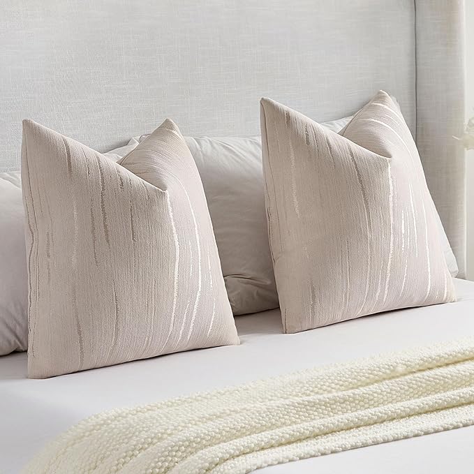 FUTEI Beige Chenille Decorative Throw Pillow Covers 18x18 Inch Set of 2,Soft Embossed Striped Textured Cushion Case,Modern Home Decor for Couch Bed Living Room