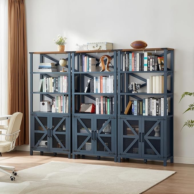 5 Tier Bookshelf 70" Tall Bookcase with Barn Doors,Large Farmhouse Display Book Shelf with Adjustable Shelves and Storage Cabinet,Library Wood Bookshelves for Living Room,Kitchen,Navy Blue