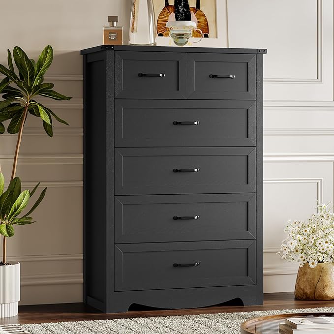 Tall 6-Drawer Dresser for Bedroom, Modern Wooden Chest of Drawers with Metal Handles, Anti-Tipping Design, Sturdy and Stable Storage Organizer for Living Room, Entryway, Home Office, Standard