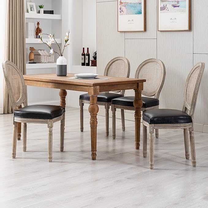 Farmhouse Leather Dining Room Chairs Set of 6 French Dining Chairs with Round Rattan Back French Bistro Chairs for Dining Room/Living Room/Kitchen/Restaurant, Black