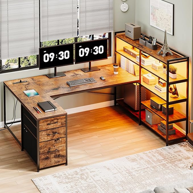 Sedeta L Shaped Desk with Storage Shelves, 64.5'' Reversible U Shaped Office Desk with 3 Fabric Drawers, Gaming Desk with Power Outlet & LED Strip, Rustic Brown
