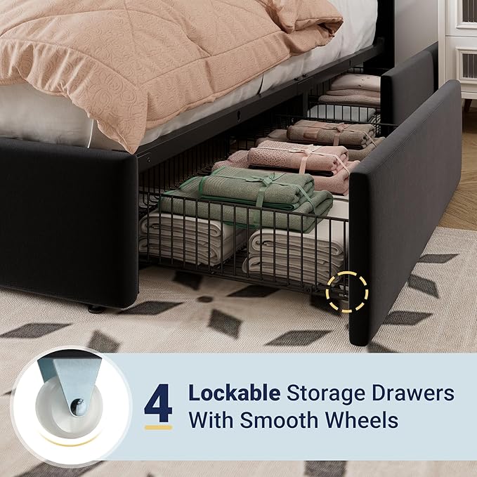 Allewie Queen Size Storage Bed Frame, Vertical Channel Tufted Adjustable Headboard, Velvet Upholstered Platform Bed with 4 Oversized Underbed Drawers, Wooden Slats Support, No Box Spring Needed, Black