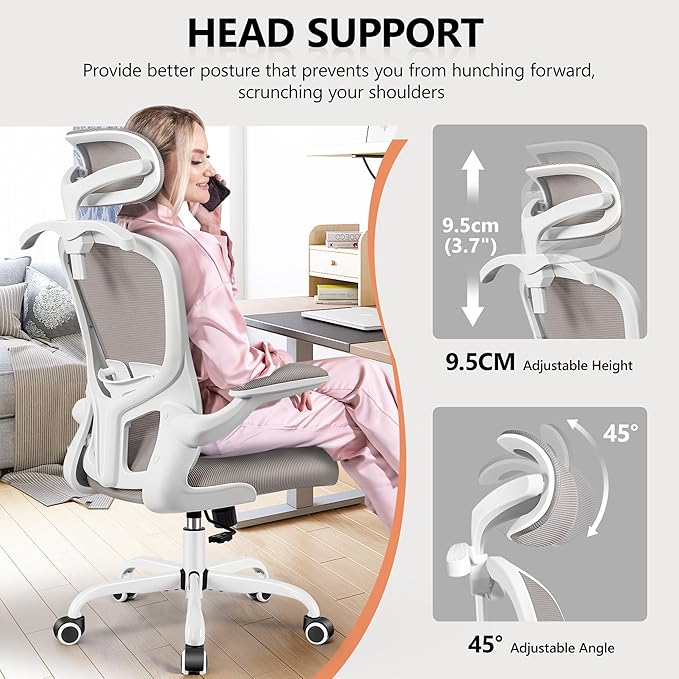 FelixKing Office Chair with Headrest, Ergonomic Desk Chair with Wheels, Task Swivel Comfy Chair with Adjustable Lumbar Support, Breathable Mesh Computer Chair with flip-up Armrests for Home (Gray)