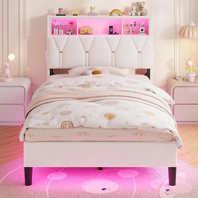 Twin Bed Frames with Storage Headboard, Power Outlet, Velvet Upholstered Platform Bed for Kids, LED Bed Frame Twin with 5 Storage Shelves, No Box Spring Needed, Creamy White