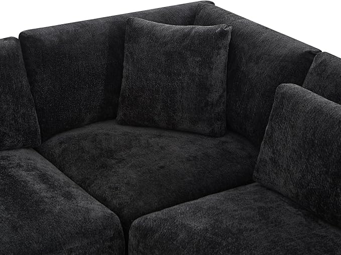 Christopher Knight Home Zery 7-Piece U-Shape Lounge Sofa Couch with Ottomans, Modern Modular Sectional Sofa Set with Pillow Back for Living Room, Chenille Upholstered Cloud Couch with Deep Seat,Black