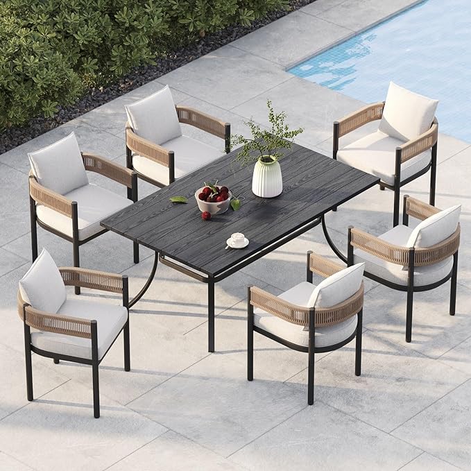 Grand patio Outdoor Dining Set, 7-Piece Patio Table and Chairs Set, Metal Woven Wicker Fixed Patio Chairs with Thickened Cushions & 1 Rectangular Woodgrain Dining Table with Umbrella Hole (Natural)