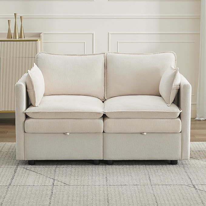 55" Cloud Modular Loveseat Sofa with Storage, Modern Upholstered Sofa Couch Small Love Seat,2 Seater Chenille Comfy Sectional Sofa with Armrests for Living Room, Small Space, Beige