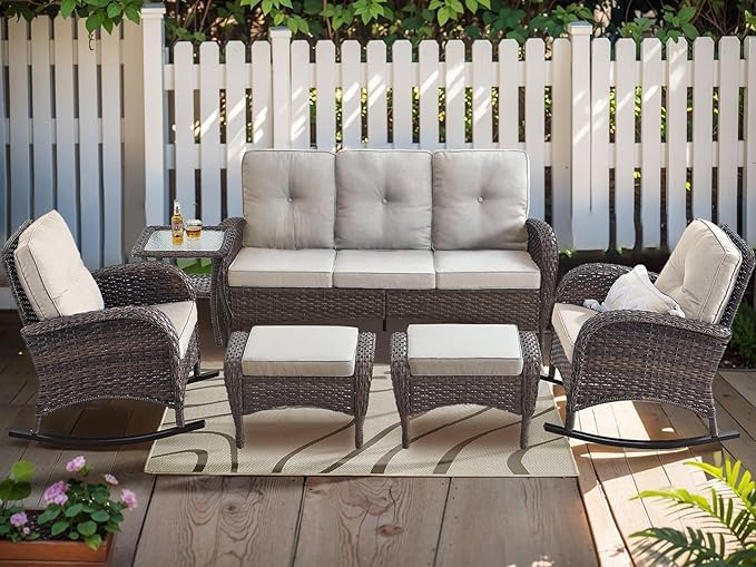 HUMMUH 6-Piece Outdoor Patio Furniture PE Wicker Patio Conversation Set,High Back Patio Couch with Ottomans Outdoor Rocking Chairs for Backyard,Porch,Deck