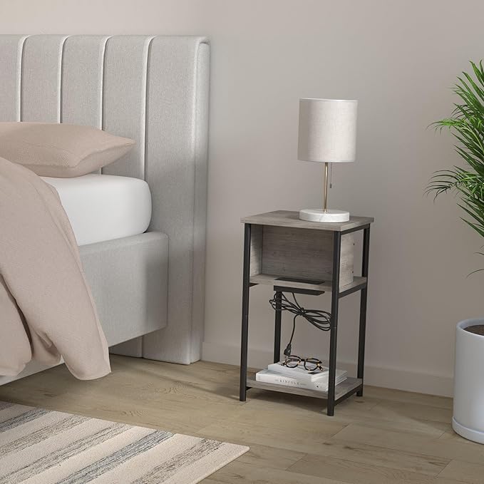 VASAGLE Side Table with Charging Station, 3-Tier End Table with USB Ports and Outlets, Nightstand for Living Room, Bedroom, 11.8 x 13.4 x 22.8 Inches, Plug-in Series, Greige and Black