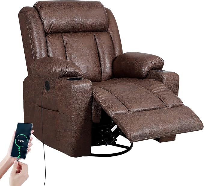 Retro Rocking Recliner Chair, Massage Rocker Recliner Chair with Vibration Massage and Heat, USB and Type-C Ports,360° Swivel Chairs,Living Room, Bedroom, Nursery, RV, Brown