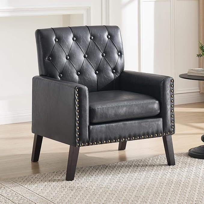 Mid Century Modern Accent Chair, Black Faux Leather Office Chair for Reception - Brown Leather Club Chair for Living Room, Bedroom, or Waiting Room