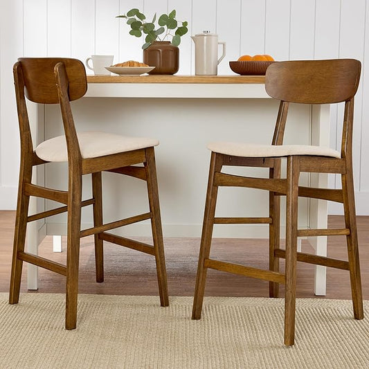 Best Choice Products Bar Stool Set of 2, Modern Farmhouse Counter Height Stools w/Upholstered Cushioned Seat, Wooden Curved Backrest - Walnut/Cream