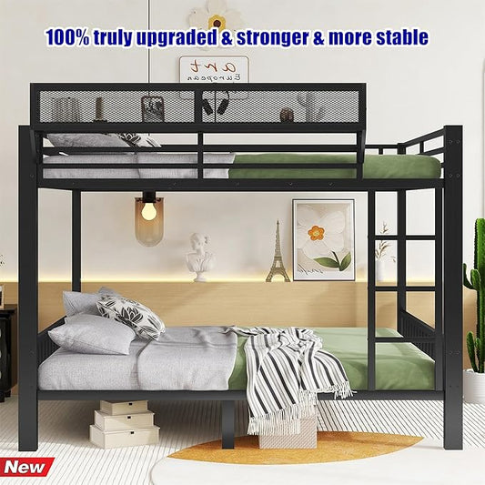 Higher Quality & Stronger Heavy Duty Steel Black Bunk Bed Queen Over Queen Size Bunkbed, Thickened More Stable Safer Metal Bunk Queen Bed (Easier to Assemble)