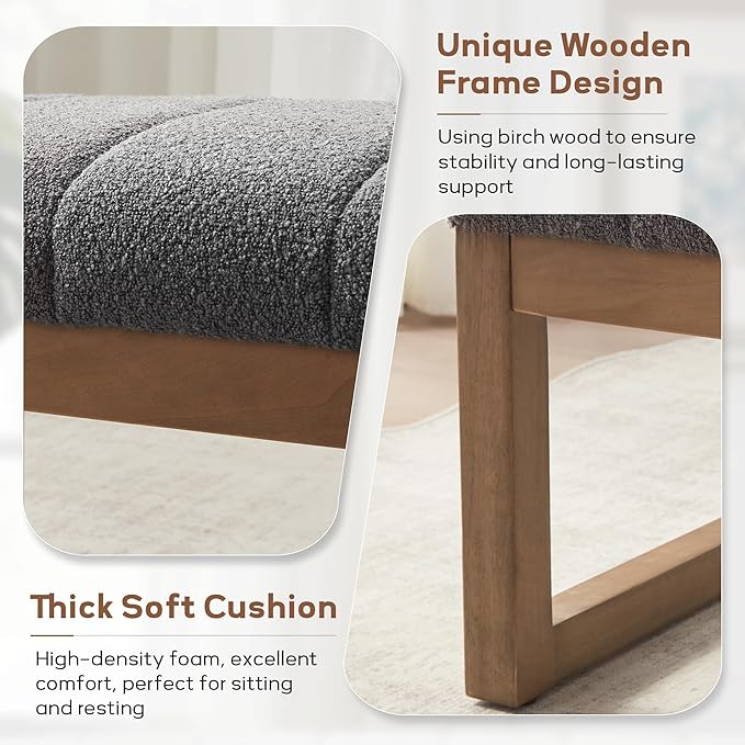 52.7" Bedroom Bench for End of Bed, Modern Upholstered Teddy Fabric Entryway Bench & Dining Bench, Footrest Stool Bench with Solid Wood Frame for Bedroom, Living Room (Grey)
