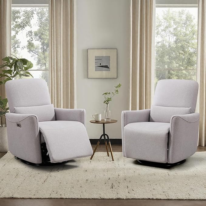 Power Swivel Recliner Chair, Upholstered Fabric Glider Electric Rocking Chair for Adults. Nursery Rocker Single Sofa with Lumbar Support for Living Room. Dual-Port Charging: Type-C&USB, Grey
