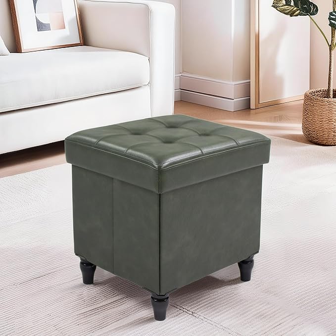 GLAXYFUR Storage Ottoman Bench, 15 Inches Foldable Ottoman Foot Stool with Legs, PU Leather Footrest for Living Room, Bedroom, Dorm (Green)