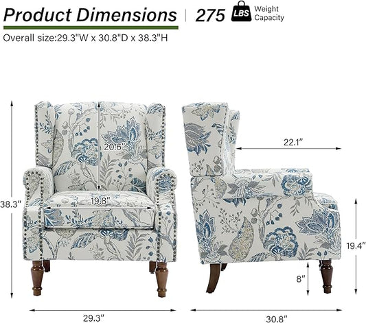 Accent Chair, Upholstered High Back Floral Armchair with Nailhead Trim & Wood Legs, Comfy Wingback Reading Single Sofa Chair for Small Spaces, Living Room, Bedroom ( Plants Blue Floral, Set of 1)