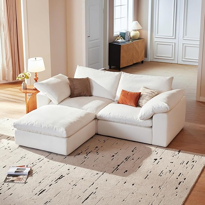 Modular Cloud Sofa, 78.7" Cloud Sectional Couches with Deep Seat,Oversized Loveseat Sofa with Ottoman for Living Room, Modern Comfy Couch with Washable Cover, Wide Armrest (White,1 Ottoman)