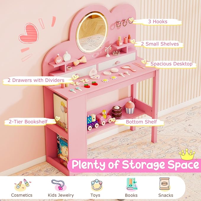 Costzon Kids Vanity, Girls Vanity Set with Lighted Mirror, Bookshelf, Drawers, Hooks & Storage Shelves, Toddler Makeup Vanity Desk Dressing Table, Wooden Kids Vanity Table and Chair Set (Pink)