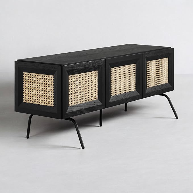 NTC Mossic TV Media Cabinet with 3 Doors for TVs, Entertainment Center with Natural Rattan, Metal Legs, Modern Storage Console for Living Room and Bedroom, Effortless Assembly, Burnt Black