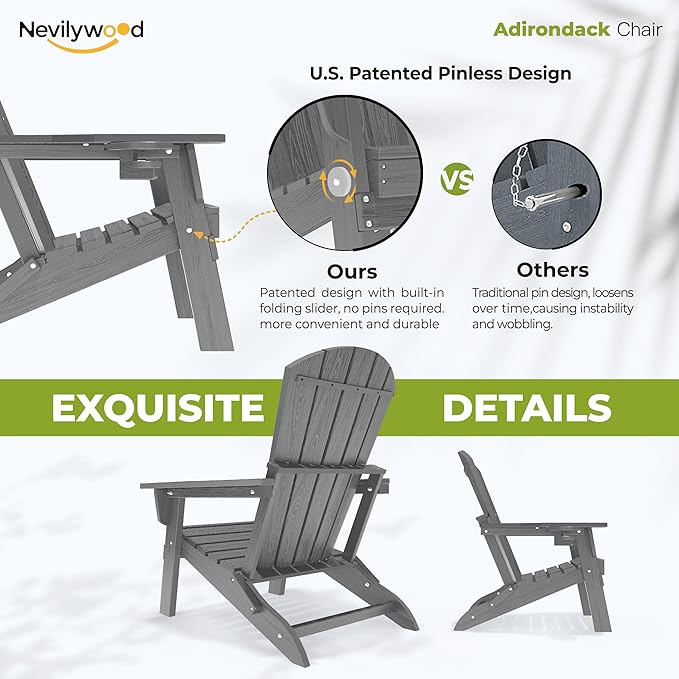 nevilywood Folding Adirondack Chair - Extended Ergonomic Backrest, Cup Holder - Easy Assembly - Durable HDPE Plastic, Weather Resistant & Maintenance-Free - Lawn, Patio, Deck Supports 380lbs,Grey