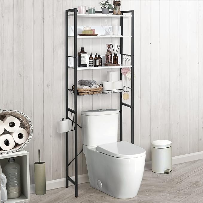 CAPHAUS Over The Toilet Storage, 4-Tier Bathroom Organizer, Freestanding Toilet Shelf, Multifunctional Space Saver Toilet Rack with 4 Hooks, Laundry Organizer, Plant Stand for Balcony (Marble White)