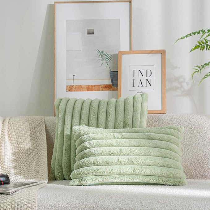 DEELAND Pack of 2,Double-Sided Faux Fur Plush Decorative Throw Pillow Covers Fuzzy Striped Soft Pillowcase Cushion Covers for Sofa Couch Bedroom Green 18x18 inch