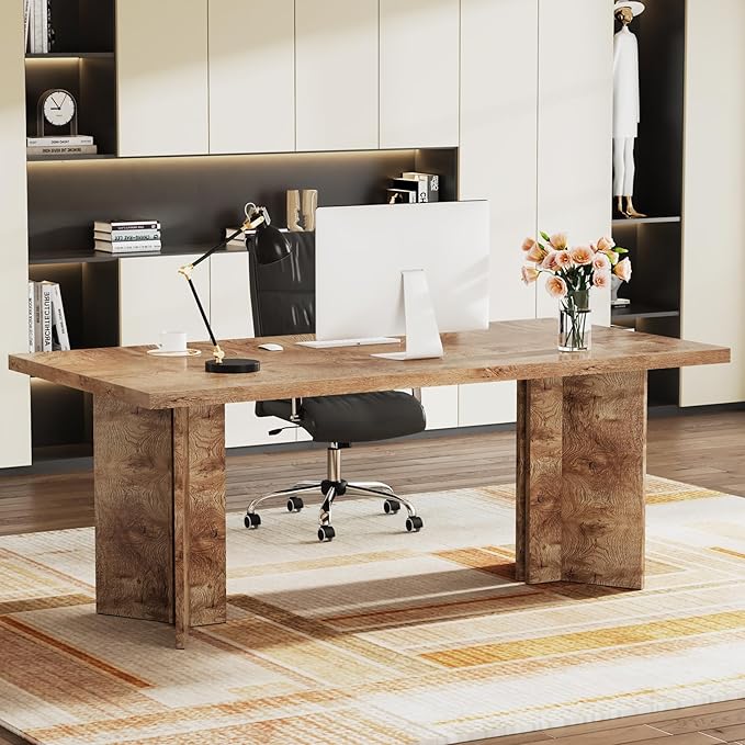 Tribesigns 63-inch Executive Desk, Vintage Home Office Computer Desk with Large Tabletop, Farmhouse Wood Writing Conference Table Workstation for Office, Study, Light Oak Brown
