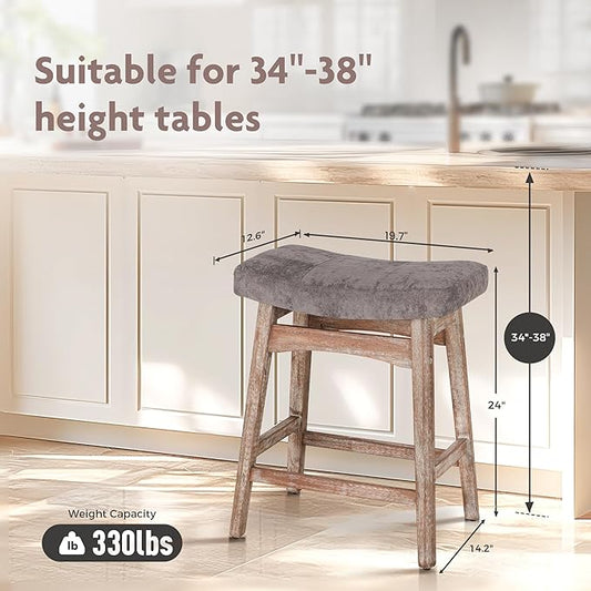 ALPHA HOME Bar Stools Set of 3, Solid Wood Saddle Kitchen Stools with Grey Linen Fabric Cushion Counter Height Barstools, 24 Inch, Grey, 3PCS